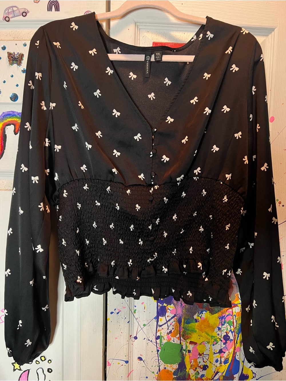 Versona Black Bow-Print Smocked-Waist Peplum Blouse